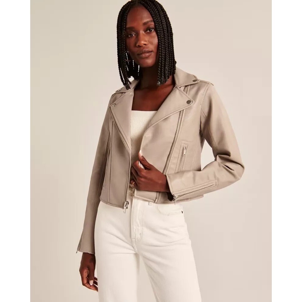 Abercrombie & Fitch Taupe Cropped Leather Moto Jacket